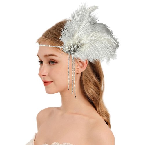 changyexi Gatsby Headpiece for Women Feather Headband Pearl Hair Band 1920s Flapper Headpiece Cocktail Head Accessories in White