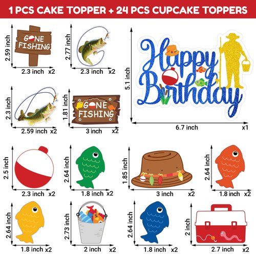 25PCS Fish Gone Fishing Cake Topper Cupcake Toppers Birthday Party Decorations Themed Ocean Fisherman Sea Decor Table Centerpieces for Kids Boy Adults Teen Baby Shower Party Supplies Party Favors