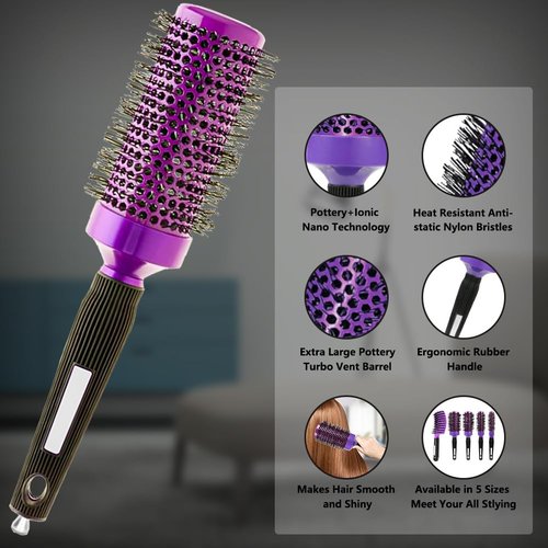 Aozzy 5pcs Blow-Drying Round Hair Brush Set - Ceramic, Boar Bristle Brush for Women - Thermal Barrel Brush Set, Styling & Roller Brush for Shiny, Smooth and Bouncy Hair