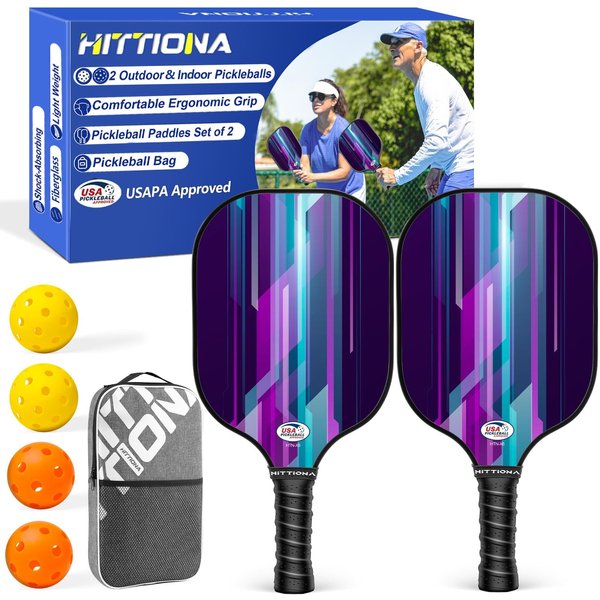 Pickleball Paddles Set of 2 - Fiberglass Pickleball Paddles for Beginners, USAPA Approved Pickle Ball Rackets 2 Pack with 4 Pickleball Balls, 1 Pickleball Net Bag, Paddles Ball Set Outdoor Indoor