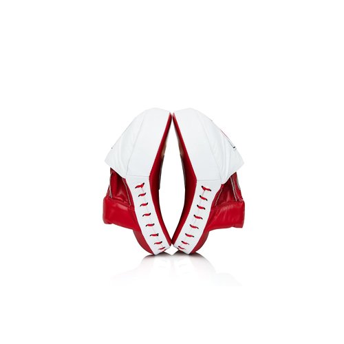 Fairtex FMV9 Contoured Focus Mitts |Striking Accuracy & Protection for Boxing, Muay Thai, Kickboxing |Ergonomic Design, Soft Padding, Secure Fit Leather -(Red/White)