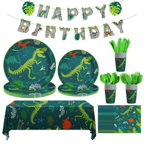 Cecnamt Dinosaur Birthday Decorations, 170 Pcs Dinosaur Party Supplies, Dinosaur Party Decorations Including Banner, Plates, Cups, Napkins, Cutlery and Tablecloths, Serves 24