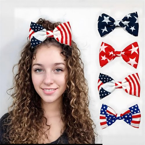 4th Of July Hair Clips Bow for Girls, 3.94&#39;&#39; x 2.17&#39;&#39; Patriotic Fable Bow Handmade American Flag ...