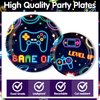 G1ngtar 96Pcs Video Game Party Plates Supplies Neon Game On Party Tableware Decorations Glow In The Dark Cool Disposable Paper Plates Napkins Forks for Kids Birthday Baby Shower, Serves 24 Guests