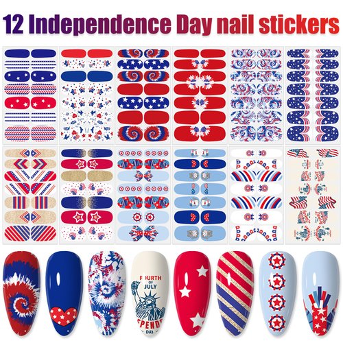 WOKOTO 12 Sheets 168 Pieces 4th of July Nail Polish Stickers Full Nail Wraps for Women Gel Nail Stickers Independence Day American Flag Nail Gel Wraps for Women Stick On Nails Polish Strips