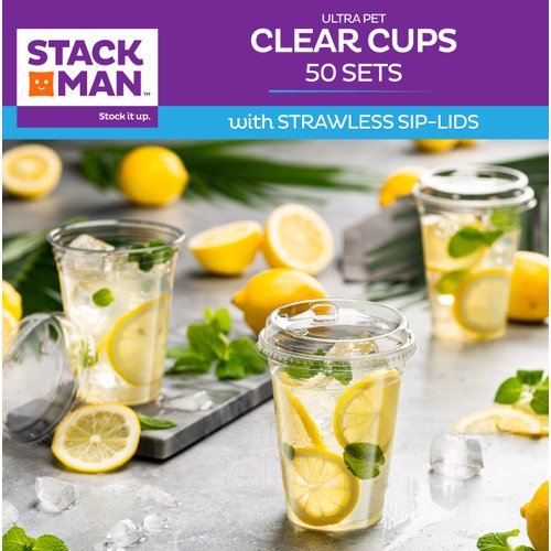 16 oz Clear Plastic Cups with Strawless Sip-Lids [50 Sets] PET Crystal Clear Disposable 16oz Plastic Cups with Lids - Crystal Clear, Durable Cup - BPA Free + Crack Resistant, for Coffee, Juice, Shakes