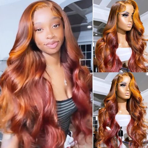JYZ Hair Wavy 4/Red Brown Color 13x6 Deep Part Transparent Human Hair Wigs for Black Women 150% Ombre Lace Front Wigs Human Hair Pre Plucked with Baby Hair 16 Inch Side Part