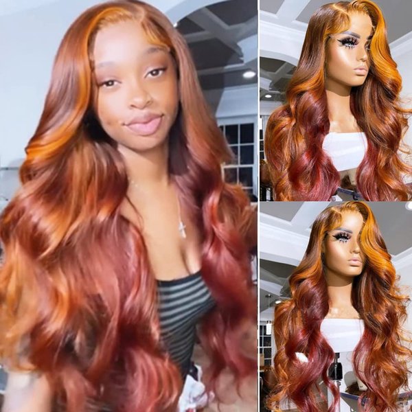 JYZ Hair Wavy 4/Red Brown Color 13x6 Deep Part Transparent Human Hair Wigs for Black Women 150% Ombre Lace Front Wigs Human Hair Pre Plucked with Baby Hair 16 Inch Side Part