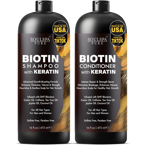 SOULSPA PURE Biotin Shampoo and Conditioner Set with Keratin - Advanced Anti-Thinning, Hair Growth Shampoo and Conditioner Combo Repair Formula - with DHT Blockers, for Men & Women - 16 fl oz each