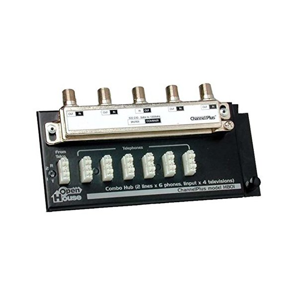 2x6 Telephone and 1x4 Video CATV 4-Way Combination Telephone / TV Hub, Distributes 2 Phone lines to 6 Wall Plates and 1 CATV / Antenna Signal to 4 Locations