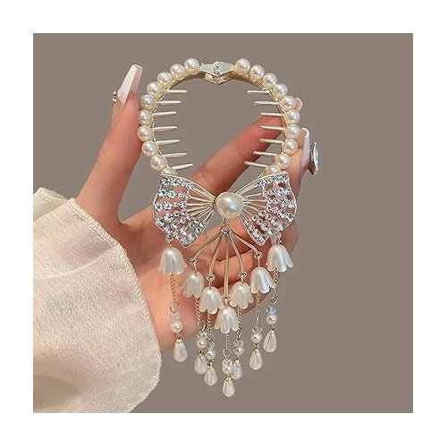 FIABLE COLLECTION Premium Rhinestone Bow Fringe Ponytail Hair Claw Clips For Women & Girls | Women's Fancy Pearl Flower Tassels Hair Bun Styling Accessories