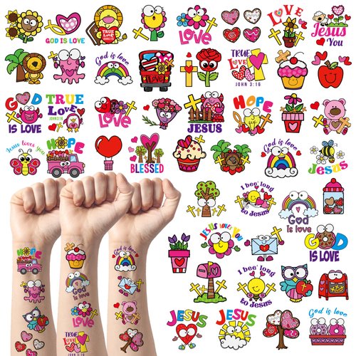 ANGOLIO 24Sheets Valentine's Day Religious Temporary Tattoo for Kids, Waterproof Assorted Bible Cross Jesus Pattern Designs Long Lasting Temporary Tattoos Stickers for Kids Women Face Body Accessories