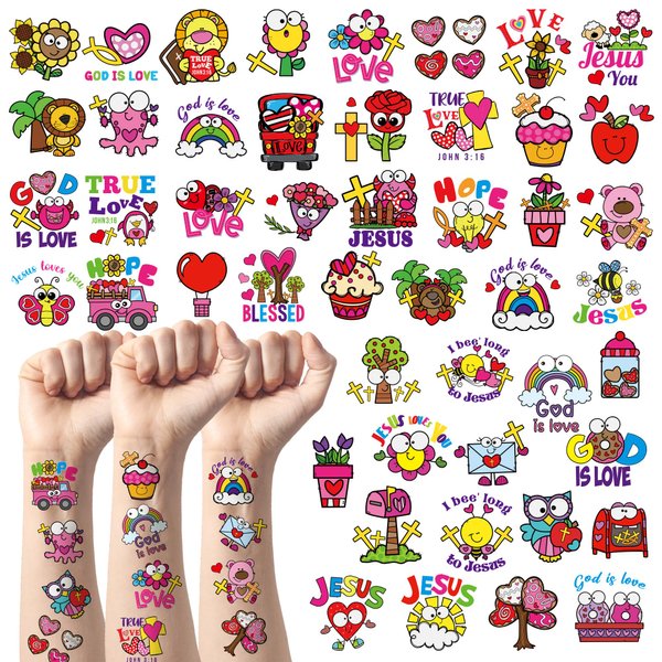 ANGOLIO 24Sheets Valentine's Day Religious Temporary Tattoo for Kids, Waterproof Assorted Bible Cross Jesus Pattern Designs Long Lasting Temporary Tattoos Stickers for Kids Women Face Body Accessories