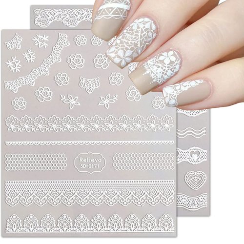 Lace Nail Art Stickers 5D Embossed White Flower Nail Sticker Decal Nail Art Decoration Flower Lace Wedding Nail Design for Women Girls 3D Self -adhesive Wedding Nail Art Supplies DIY Manicure Decor
