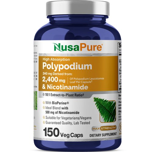 NusaPure Polypodium Nicotinamide 10:1 Extract, 240 mg Equivalent to 2,400 mg per Veg Caps - 150 Count (Non-GMO, Soyfree, Bioperine)