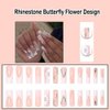 ANDGING French Tip Press on Nails Long Square White Fake Nails with Rhinestone Butterfly Flower Design Glue on Nails for Women Girls Acrylic False Nails with Glue Gel Stick on Nails for Birthday DH66