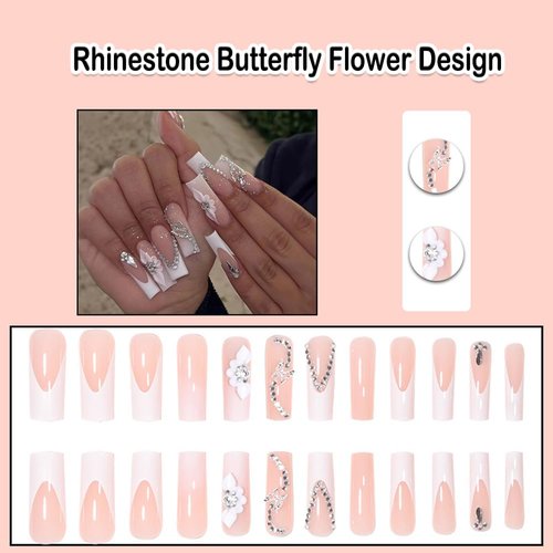 ANDGING French Tip Press on Nails Long Square White Fake Nails with Rhinestone Butterfly Flower Design Glue on Nails for Women Girls Acrylic False Nails with Glue Gel Stick on Nails for Birthday DH66