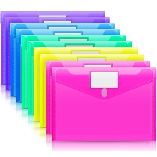 Sooez 10 Pack Plastic Envelopes Poly Envelopes, Clear Document Folders File Folders US Letter A4 Size File Envelopes with Label Pocket, Assorted Color