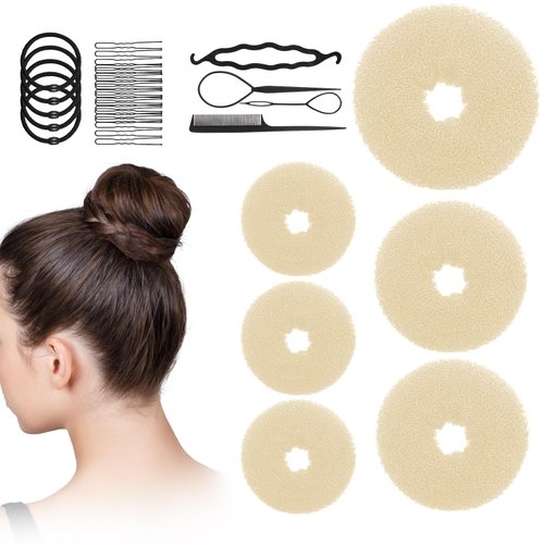 Donut Hair Bun Maker 6 Pieces, Ring Style Hair Bun Donut (1 L, 2 M and 3 S) with Pins 5 Elastic Bands, 20 Hair Bobby and 4 Pony Hair Tools for Women & Girls Kids, Blonde