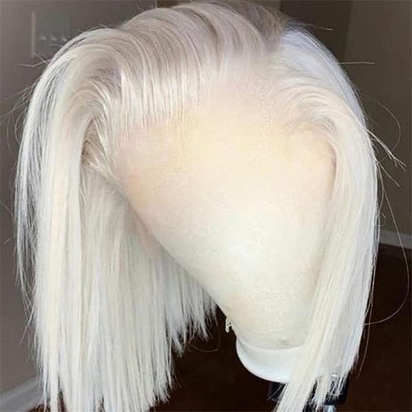 FENJUN Glueless Wigs HD Transparent Lace Frontal #60 Grey White Platinum Blonde Wigs Human Hair Short Bob Lace Front Wigs with Baby Hair Pre plucked Frontal 10'' Straight Ash Blonde Wigs for Women