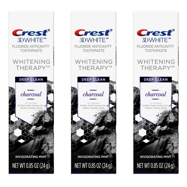 Crest 3D White Whitening Therapy Charcoal Deep Clean Fluoride Toothpaste, Invigorating Mint, .85 oz (3)