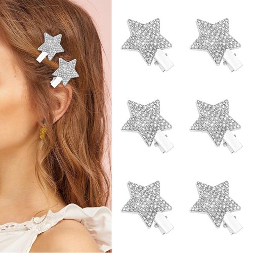 Wecoe 6pcs Silver Star Hair Clips, Rhinestone Alligator Hair Clips for Women, Hair Securing, Hairdressing, Y2k Short Hair Accessories, Gift