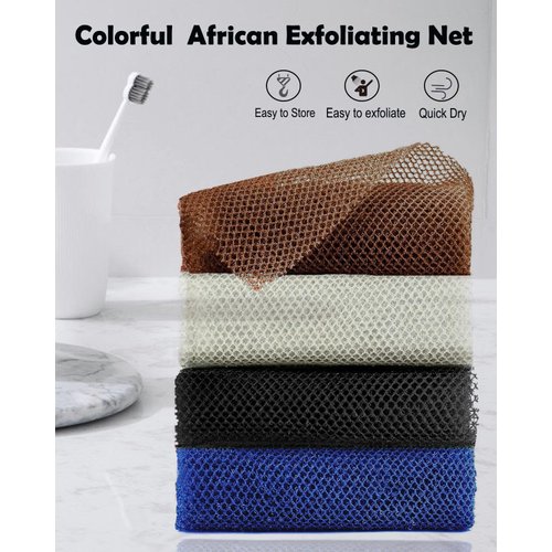 4 Pieces African Exfoliating Net Sponge, 33 inch Long Bathing Sponge Shower Body Scrubber Net for Back Skin Smoother, Daily Use (Black/Blue/Brown/Beige)