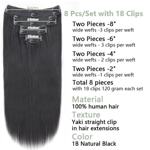 Lysilf Yaki Straight Clip in Hair Extensions for Black Women Brazilian Virgin Human Hair Kinky Straight Clip in Extensions 8Pcs with 18 Clips Double Lace Weft 120Gram(20inch, Natural Black)