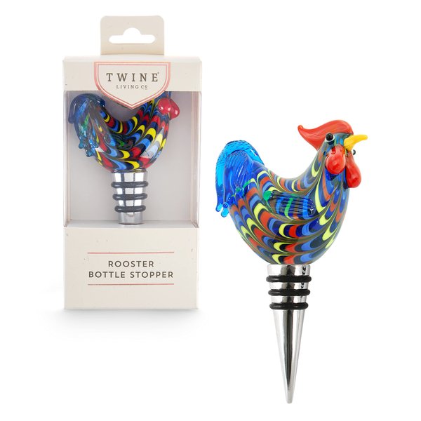 Twine Rooster Bottle Stopper, Glass Rooster Wine Bottle Stopper, Keep Wine Fresh, Glass, Metal, Multicolor, Set of 1