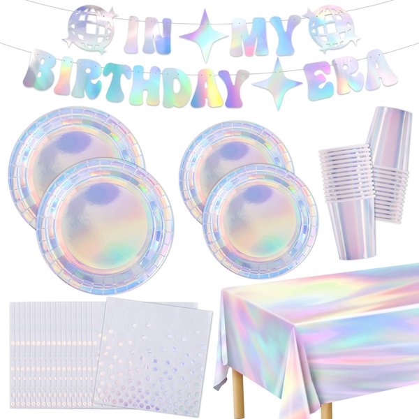 Iridescent Party Supplies Decorations, Disposable Paper Plates Tableware Serves 25, with Iridescent Cups, Napkins, Tablecloth, Banner for Singer Birthday Theme Party