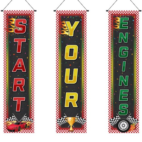 Tiamon 3 PCS Racing Fans Banners Cars Birthday Banner Checkered Hanging Banner Truck Car Flag Ban...