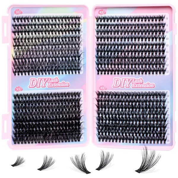 DIY Lash Extension Kit, 680Pcs Lash Clusters, 30D+40D+50D D Curl 9-16 Mix Individual Lashes Kit, Thin Band & Soft 3D Fluffy Eyelash Clusters, Manga Lash Clusters Diy at Home (Light pink)