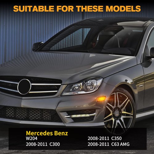 POPMOTORZ Full LED Front Bumper Side Marker Light Assembly, Amber Blinker Signal Lamp Kit Compatible With 2008-2011 Mercedes W204 C250 C300 C350 & 2008-2013 C63 AMG Driver & Passenger Side-Smoked Lens