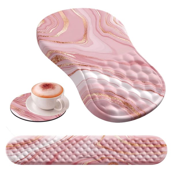 HAOCOO Mouse Pad Wrist Support and Keyboard Wrist Rest, 3 PCS Computer Mouse Pads for Desk with Coaster Set, Memory Foam Ergonomic Mousepad with Non-Slip PU Base for Home Office, Rose Gold Pink