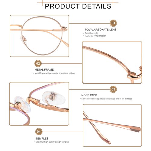 ANDWOOD Blue Light Blocking Glasses Women Men Small Face Computer 2 Pack Bluelight Blocker Super Lightweight Metal Frame Round