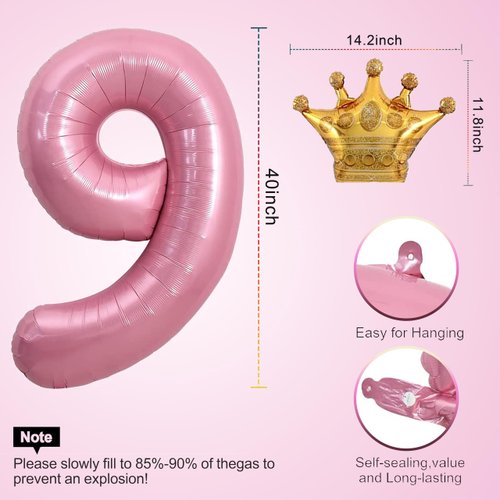 Pink 9 Balloon 40 Inch,Giant Number Balloon Mini Crown Balloon Set for Girl 9th Birthday Party Decorations,Nine Years Old Birthday Pink Party Theme Decorations,Pink Foil Mylar Birthday Digital Balloon