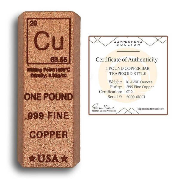 1 Pound lb (16 oz) - Trapezoid Style Copper Bullion Bar Paperweight - .999 Fine Ingot - Element Design with Certificate of Authenticity