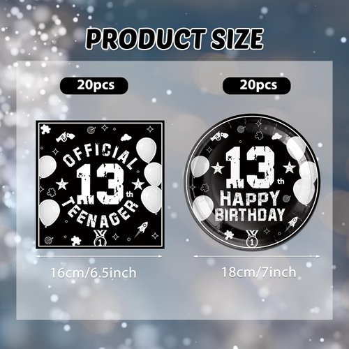 13th Birthday Party Supplies Black Themed 13th Disposable Tableware Decorations Plates Napkins Set for Kids Boys Teenager Favors