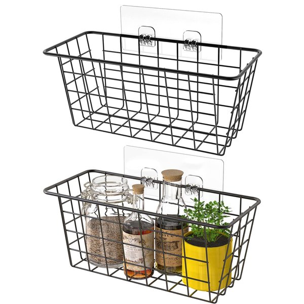 MaraFansie Hanging Kitchen Baskets Wire Storage Basket Over the Cabinet Door Organizer, No Drilling Adhesive Basket for Cabinet Pantry Organization and Kitchen, Bathroom, Storage, 2 Pack, Black