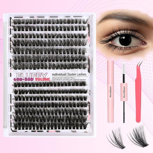 Lash Extension Kit 280pcs 10-18mm 60-80D D Curl Lash Clusters Kit - DIY Individual Eyelash Extension Kit with Lash Bond and Seal,Tweezers - Volume Eyelash Clusters Kit for Beginners(60D&80D KIT)