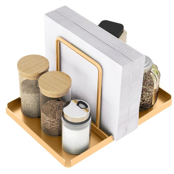 Gold Napkin Holder, Metal Napkin Holder for Table, Napkin Holder with Salt and Pepper Shakers Caddy, Standing Paper Napkin Storage for Dining Table Kitchen Decor