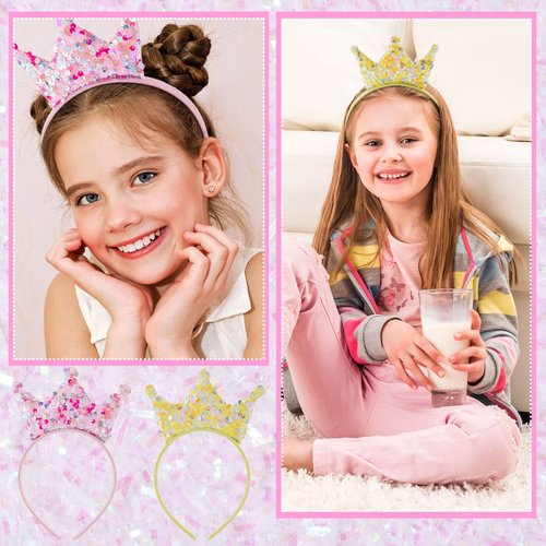 12 Packs Princess Crown Headband, Girls Glitter Headbands Princess Party Favors Sequin Elastic Tiaras for Women Little Girls Birthday Bling Accessories, Pink, Blue, Purple, Yellow, Champagne, Silver
