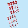 Christmas Press on Nails Short Coffin Fake Nails with Snowflake Stripe Designs French Tip Nails Press ons Glossy Glue on Nails Red Acrylic Nails Winter Nude Stick on Nails for Women 24Pcs