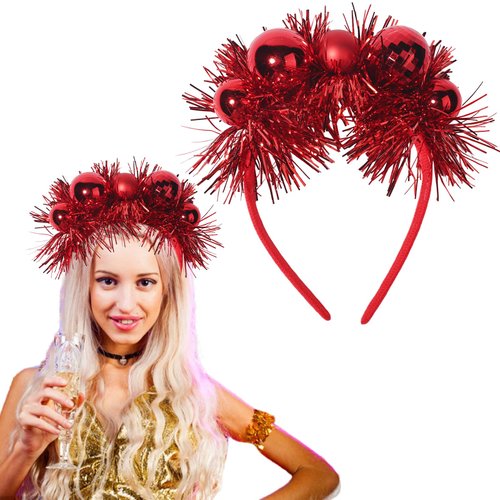 Christmas Small Bell Headbands Xmas Tree Round Ball Headband Red Hairband with Ribbon Design Festive Holiday Christmas Party Costume Accessories for Women or Girls 1Pcs(4-Red, Medium)