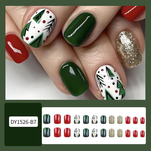 Short Square Christmas Press on Nails Christmas Tree Colored Ball Glue on Nails with Glitters Glossy Finish Green & Red Christmas Acrylic False Nails Cute Stick on Nails for Women Nail Art Decoration