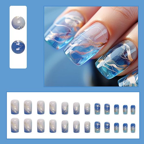 Medium Press on Nails Blue Fake Nails Square False Nails with Gold Foil and Sea Designs Glue on Nails Gradient Acrylic Nails Reusable Full Cover Artificial Nails for Women and Girls 24PCS