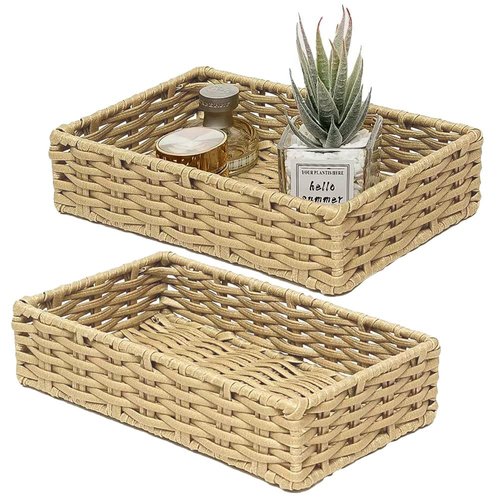 HOSROOME Wicker Bathroom Storage Organizer Tray Toilet Paper Storage Basket for Toilet Tank Top Decorative Wicker Toilet Tank Tray for Paper Hand Towel Bread Baskets for Kitchen Organizing-Beige