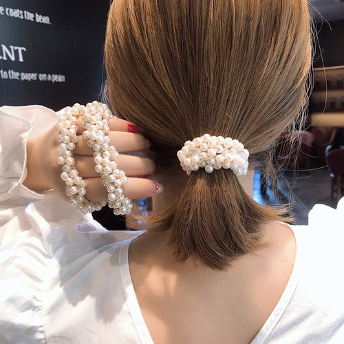 Lerjiaoor 7Pcs Elastic Thick Hair Tie Pearl Hair Scrunchies Hair Bands for Thick and Curly Hair Ponytails Perfect for Girls with Fine Hair Great Gift for Girls
