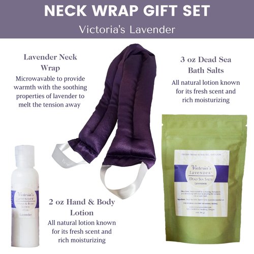 Victoria's Lavender Neck Wrap Gift Set with Lavender Bath Salts, Lavender Hand & Body Lotion - Skin Care Sets & Kits, Lavender Bath and Body Products for Women, Beauty Products For Women, Spa Kit