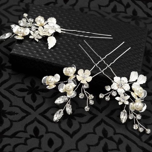 Heread Flower Bride Wedding Hair Pins Crystal Bridal Hair Piece Leaf and Pearl Hair Accessories for Women and Girls (Pack of 3)